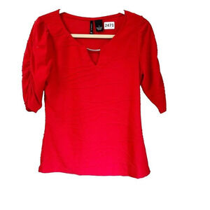 New Directions Womens Red Knit Tunic Pleated Geranium Blouse Sz Small 3/4 Sleeve